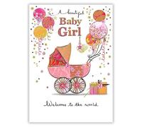 Paper Rose New Baby Girl Congratulations Card - Birth Congratulations Card with Pram and Balloons Design and Embossed Foil Details