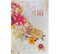 Paper Rose New Job Congratulations Card with Gold Foil Details, Floral and Coffee Design, Printed Message Inside, Modern Style