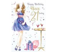 Paper Rose 'Niece 21 Today' Birthday Greeting Card - Girl in a Blue Dress - Silver Flitter Finish