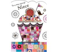 Paper Rose Niece Birthday Greeting Card, Colourful Patchwork Cupcake & Bird Design