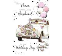 Paper Rose Niece & Husband Wedding Day Greeting Card, Vintage Wedding Car Design, with Matching Envelope