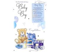 Paper Rose On The Birth of Your Baby Boy Congratulations Card, Keepsake Greeting Card with Teddy Bear and Blue Toy Train Design