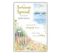 Paper Rose Someone Special Male Birthday Card for Men - Watercolour Seaside Beach With Gold Foil - Eco-Friendly and Recyclable