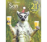 Paper Rose Son 21st Birthday Card, Funny Lemur Beer Design, BEERilliant Pun, with Envelope