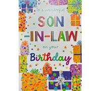 Paper Rose Son-in-Law Birthday Card, Colourful Presents Design with Foil Finish, Celebration Theme with Gift Wrap and Confetti Artwork