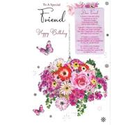 Paper Rose Special Friend Birthday Card with Floral Bouquet, Butterflies Design, Keepsake Message Panel