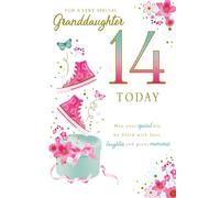 Paper Rose Special Granddaughter 14th Birthday Card - Age 14 - Pink Trainers, Gift Box, Butterflies & Flowers with Foil Details - Eco-Friendly and Recyclable