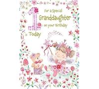Paper Rose Special Granddaughter 1st Birthday Card, Cute Fairy and Teddy Bear Design, Pink Floral