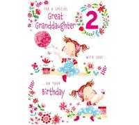 Paper Rose Special Great Granddaughter 2nd Birthday Card - Age 2 - Cute Girl in Dungarees, Presents & Flowers Design with Foil Details - Eco-Friendly and Recyclable