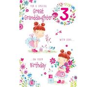 Paper Rose Special Great Granddaughter 3rd Birthday Card - Age 3 - Cute Girl in Apron with Birds & Flowers Design with Foil Details - Eco-Friendly and Recyclable