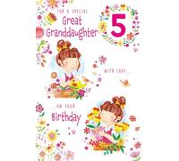 Paper Rose Special Great Granddaughter 5th Birthday Card - Age 5 - Cute Girl Watering Flowers with Birds & Flowers Design with Foil Details - Eco-Friendly and Recyclable