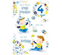 Paper Rose Special Great Grandson 4th Birthday Card - Age 4 - Cute Boy playing with toys - Spaceship & Planets Design with Foil Details - Eco-Friendly and Recyclable