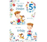 Paper Rose Special Great Grandson 5th Birthday Card - Age 5 - Cute Boy playing Ball with a Dog - Dog & football Design with Foil Details - Eco-Friendly and Recyclable