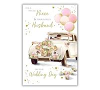 Paper Rose Special Niece and Her Husband Wedding Day Card - Vintage Car with Balloons and Floral Design - Wedding Congratulations Card for Special Couple - Foil Finish