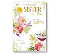 Paper Rose Special Sister-in-Law Birthday Card - Cocktails and Tropical Flowers with Foil Details - Eco-Friendly and Recyclable