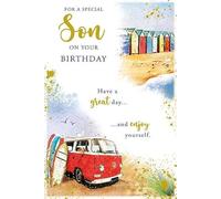 Paper Rose Special Son Birthday Card, Timeless Collection, Beach Theme with Coastal Scene, Gold Foil Details, FSC Board, Large Format with 2-Page Insert