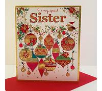 Paper Rose Very Special Sister Christmas Card - Robin Baubles Poinsettia