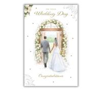 Paper Rose Wedding Day Card - Elegant Bride and Groom with Floral Rose Arch Design - Foil Finish - Wedding Congratulations Card for a Special Couple