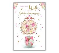Paper Rose Wife 50th Golden Anniversary Card - Elegant Floral Tree and Lovebirds Design - Foil Finish - Happy 50th Wedding Anniversary Card for Lovely Wife - For Her