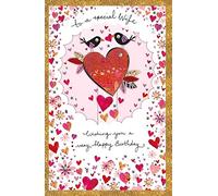 Paper Rose Wife Birthday Card - Happy Birthday Card with Birds and Love Hearts and Special Finishes - Birthday Card for Women