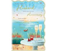 Paper Rose Wonderful Husband Anniversary Card - Champagne Glasses, Love Hearts & Sunset Over the Sea - 'So many wonderful moments filled with love' - Gold Foil Finish - Eco-Friendly & Recyclable