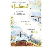 Paper Rose Wonderful Husband Birthday Card - Red Wine by the Harbourside with Foil Details - Eco-Friendly and Recyclable