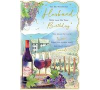 Paper Rose Wonderful Husband Birthday Card - You Mean the World To Me - Red Wine at the Vineyard with Foil Details - Eco-Friendly and Recyclable