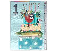 Paper Salad - Cute Age 1st First Happy Birthday Card - '1st Birthday Blue Sloth Foiled Design' - Perfect For Baby Boys and Girls - Blank Inside - Sold By Brainbox Candy