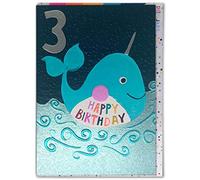 Paper Salad - Cute Happy Age 3rd Birthday Card - 'Boy - Whale' - Perfect For Animal Mad Three Year Old Friend Son Nephew Grandson - Sold By Brainbox Candy