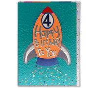 Paper Salad - Cute Happy Age 4th Birthday Card - 'Boy - Space Rocket' - Perfect For Space Mad Four Year Old Friend Son Nephew Grandson- Sold By Brainbox Candy