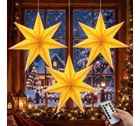 Paper Star Lanterns, 45CM Christmas Shades Folding Paper Hanging Decoration | 3PCS Christmas Decoration Hanging Stars with Steady-on and 8 flashing modes for Xmas Wedding Birthday Party Home Window Decor