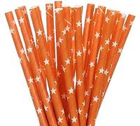 Paper Straws 100 Pack Orange with White Star Biodegradable Drinking, Birthday, Party, Christmas, Xmas, Cafe, Restaurant, Wedding Straw in Bulk