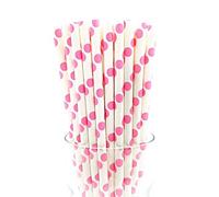 Paper Straws 30/50 pcs Pack 6mm White with Pink Polka Dots Biodegradable Drinking, Birthday, Party, Christmas, Xmas, Cafe, Restaurant, Wedding Straw in Bulk (50)