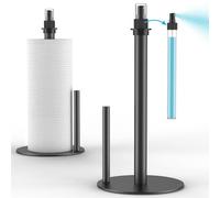 Paper Towel Holder with Spray Bottle, Countertop Paper Towels Dispenser Stand with Sprayer Inside Center, One Hand Tear Stainless Steel Paper Towel Holder Stand with Base for Kitchen (Black)