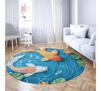 Papercut Style Round Rug 120cm Machine Washable Non Slip Koi Fish Circular Rugs 3D Dreamy Lucky Feng Shui Lotus Flower Foldable Carpet Large Thin Low Pile Throw Mat for Living Room Bedroom Office