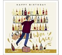 Paperlink Artistic Birthday Happy Birthday Greeting Card From The Fever Pitch Range - Man Standing On Box To Reach Bottle Of Wine - Embossed With A Gold Foil Finish