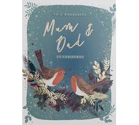 Paperlink Artistic Christmas Greeting Card - Mum & Dad - Robins on Branch - From The Starry Night Range - Embossed With A Gold Foil Finish