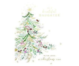 Paperlink Artistic Female Relation Christmas Greeting Card - Beautiful Daughter - Watercolour Christmas Tree & Robin Illustration - From The Fields of Gold Range - With A Gold Foil Finish