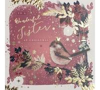 Paperlink Artistic Female Relation Christmas Greeting Card - Sister - Festive Bird Wearing Crown Illustration - From The Starry Night Range - Embossed With A Gold Foil Finish