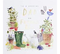 Paperlink Artistic Special Dad 'Happy Father's Day' Card - Lovely Garden Design with Watering Can, Wellies and Birds - Gold Foil Finish