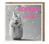 Paperlink - Birthday Card with Celebrating Hamster Design, Black and White with Pink Text