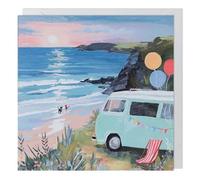 Paperlink - Blank Greetings Card, Stunning Watercolour Beach Sunset Scene with Campervan & Dogs
