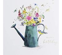 Paperlink General Female 'Happy Birthday' Card - Lovely Artistic Design with Watering Can, Flowers and Blue Tit - Foil Finish - The Fields of Gold Range