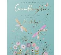 Paperlink Granddaughter Female Birthday Card for Women/Girls - Dragonflies & Flower Garden with Gold Foil & Gem Embellishment - Eco-Friendly