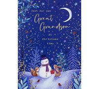 Paperlink Great-Grandson Christmas Card - Snowman and Forest Animals with Foil Details - Eco-Friendly and Recyclable, Blue, Gold, White, 177 x 127mm