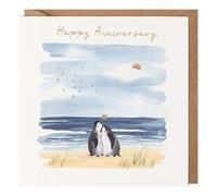 Paperlink, Happy Anniversary Card, Watercolour Penguin Couple on Beach Design, With Love Message