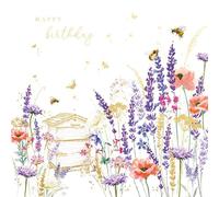 Paperlink 'Happy Birthday' Card - Artistic Beehive Amongst Flowers - For Her - Gold Foil Finish - From the Fields Of Gold Range