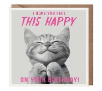 Paperlink - Happy Birthday Card, Cute Smiling Cat Design with Pink Text