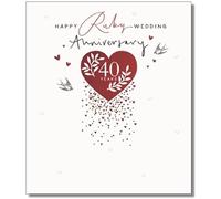 Paperlink Milestone Wedding Anniversary Card - 40 Years - Ruby Anniversary Heart & Swallows - Eco-Friendly & Recyclable - Made in England