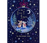 Paperlink One I Love Christmas Card - Woodland Bunnies in Bauble with Foil Details - Eco-Friendly and Recyclable, 204 x 153mm, Blue, Gold, White